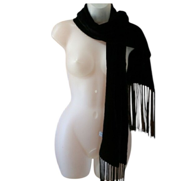 V. Fraas Black Velvet Long Fringe Wrap Scarf Elegant Evening Accessory - Picture 1 of 12